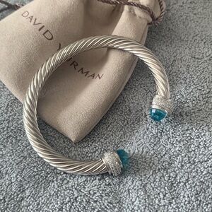 David Yurman Silver Cable Bracelet with Blue Topaz Terminals